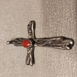 Coral Stone Sterling Silver Crucifix Pendant